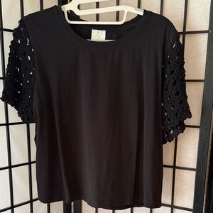Joie Black Short Sleeve Top with Crochet Sleeves